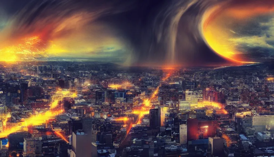 Prompt: full color giant tsunami hitting a very big city, cinematographic, 4 k