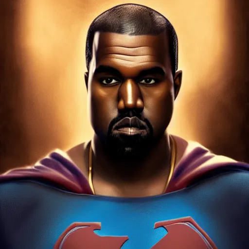 Image similar to Portrait of Kanye West as superman, heroic, amazing splashscreen artwork, splash art, head slightly tilted, natural light, elegant, intricate, fantasy, atmospheric lighting, cinematic, matte painting, detailed face, by Greg rutkowski