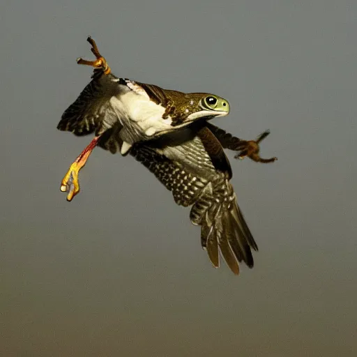 Prompt: falcon with the face of a frog flying in the sky with clouds