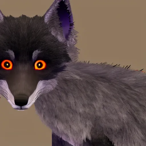 Prompt: second life game screenshot close up of a fluffy black fox with pretty purple eyes