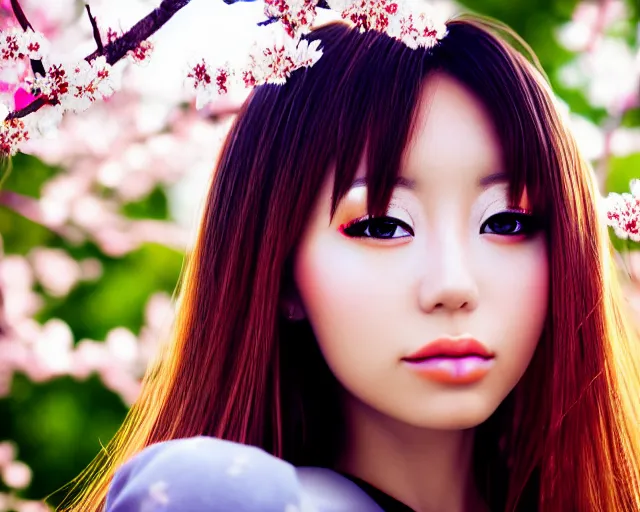 Image similar to close up portrait of an japanese gyaru with beautiful face and modern clothes, sakura blooming in the background, bokeh, depth of field, dramatic lighting, cinematic, vivid colors, matte painting, vivid color scheme, trending on artstation