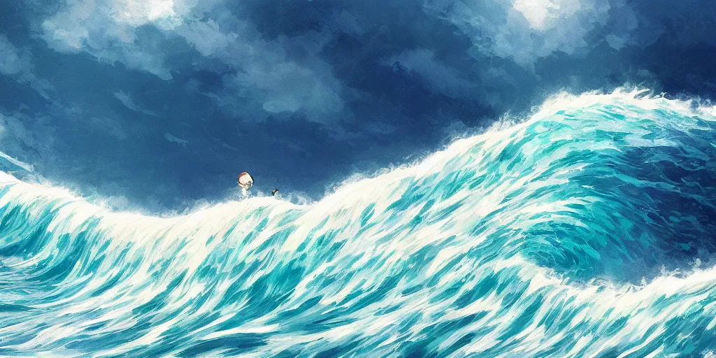 Image similar to a wave, cinematic angle, studio Ghibli, cinematic lighting, digital art, detailed oil painting, hyperrealistic, 8k