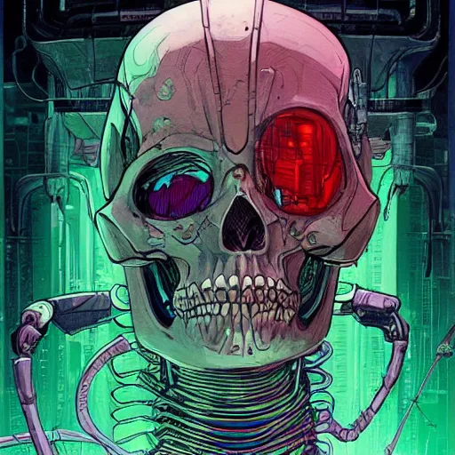 Image similar to portrait of a cybernetic evil undead skeleton sorcerer, cyberpunk concept art by josan gonzales and moebius and enki bilal and and dan mumford and jean claude meziere and philippe druilleg