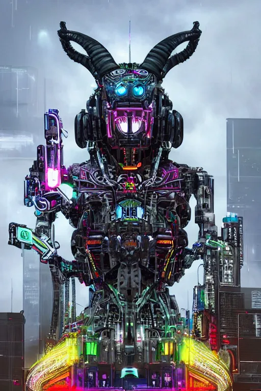 Prompt: giant imposing complex machine with evil cybernetic goat head at helm, multicolored, cyberpunk