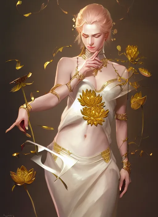 Image similar to female magician, wide angle view, lotus, flowers, gold, diamonds, highly detailed, artgerm, cushart krenz, artstation, soft light, sharp focus, illustration, character design, concept art