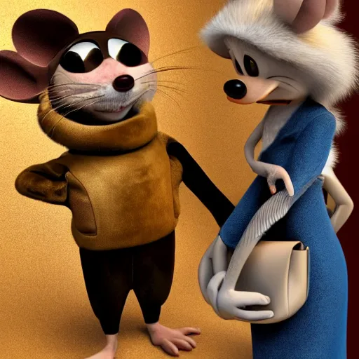 Image similar to 3d anthropomorphic rat, disney pixar, holding tommy gun, velvet, fur coat, high quality, golden necklace, fendi, high fashion