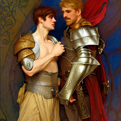 Image similar to attractive arthur pendragon and his attractive male knight, they are in love, natural lighting, path traced, highly detailed, high quality, digital painting, by gaston bussiere, craig mullins, alphonse mucha j. c. leyendecker