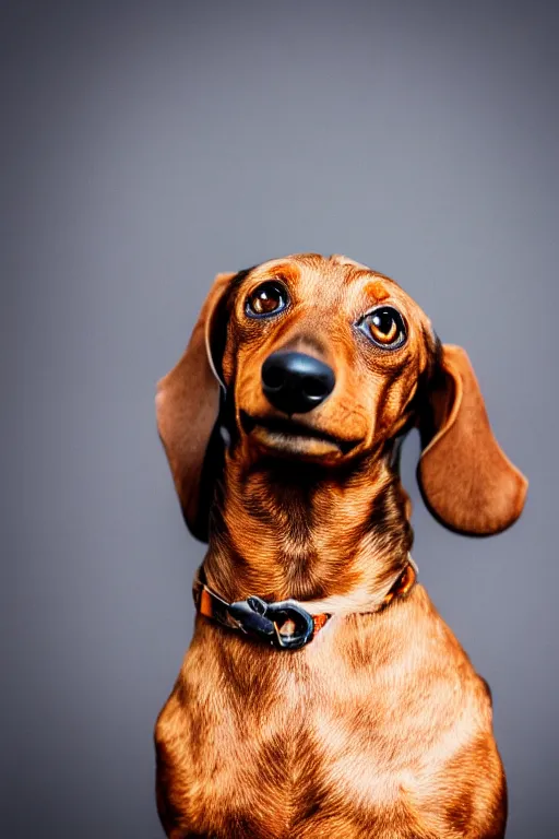 Image similar to Photo of a dachshund with Ron Swanson moustache, portrait, 3/4 view, Refined, Detailed professional photo, 50mm lens, Canon eos, blurry distant background, Highly Detailed, Cinematic Lighting, 8k