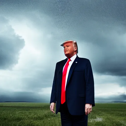 Image similar to 4 k hdr full body wide angle sony portrait of donald trump showering in a rainstorm with moody stormy overcast lighting