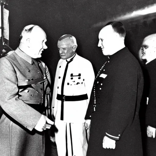 Image similar to Adolph Hitler meeting John Paul II, cyberpunk style