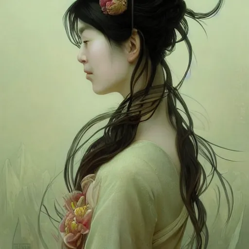 Prompt: A portrait of A Chinese woman with long hair by Ross Tran!!! and alphonse mucha and greg rutkowski! and gustav doré! and Zdzisław Beksiński!,In style of digital art illustration.Symmetry.Highly detailed face.Fantasy,smooth,hyper detailed,sharp focus,Soft light.trending on artstation.