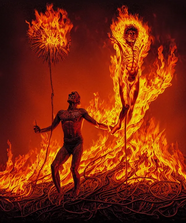 Prompt: a burning suffering man hovering above the ground, completely consisting of fire, no facial, bodie, limbs features can be seen. a fullbody highly detailed portrait, concept art, masterpiece, cinematic, flames, fantasy art, hyperdetailed, photorealistic, hyperrealism, art by tim hildebrandt, donato giancola, larry elmore, zdzisław beksinski