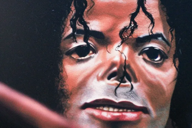 Image similar to photo of michael jackson schreaming scratched face bloody veigns showing high detail photorealistic dramatic lighting 4K