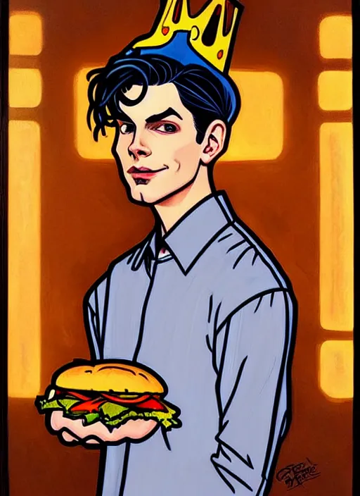 Prompt: oil painting, jughead jones has a really long nose, he wears a light grey crown, and devours a hamburger, intricate, elegant, highly detailed, lighting, painting, artstation, smooth, illustration, art by greg rutowski and alphonse mucha