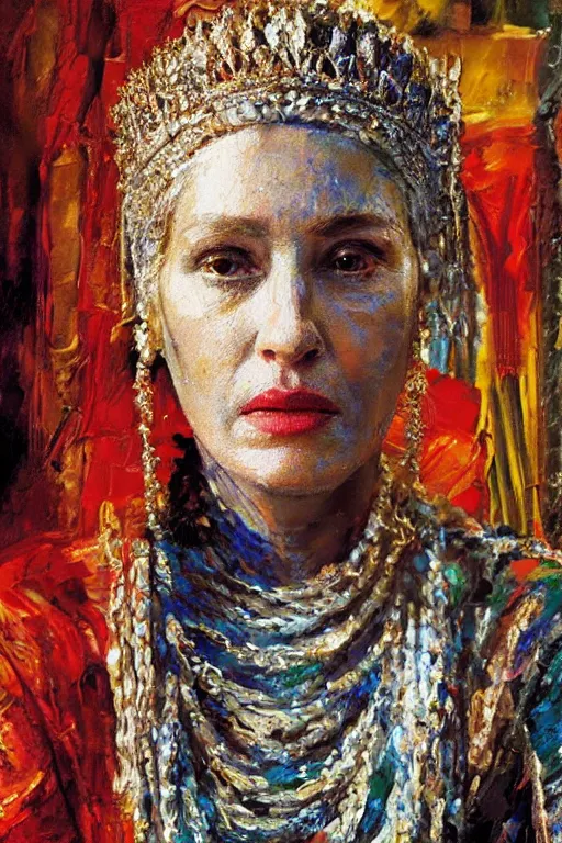 Image similar to highly detailed palette knife oil painting of a historically accurate depiction of the ancient biblical israeli queen Esther, thoughtful, by Peter Lindbergh, impressionistic brush strokes, painterly brushwork