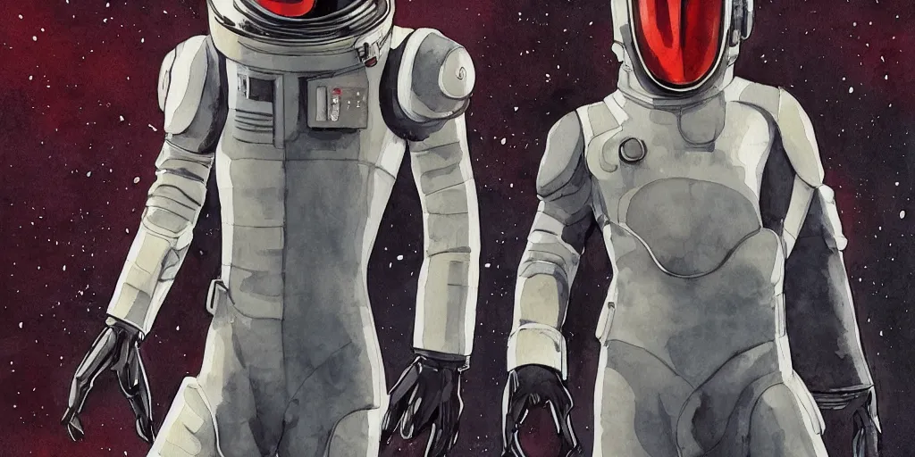 Prompt: male, full body, wide shot, modern space suit, intriguing helmet, very stylized character design, the expanse tv series, large shoulders, short torso, long thin legs, tiny feet, science fiction, hyperdetailed, technical suit, dieselpunk, watercolor digital painting, in the style of bruce timm, by alex maleev