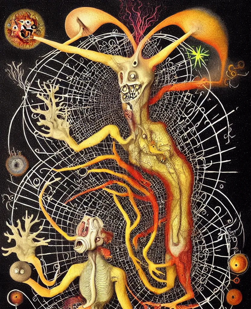 Image similar to whimsical freaky creature sings a unique canto about'as above so below'being ignited by the spirit of haeckel and robert fludd, breakthrough is iminent, glory be to the magic within, painted by ronny khalil