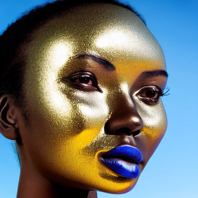 Image similar to portrait of metallic face, african woman, mercury, reflections, smooth liquid metal texture, proud looking, outdoor, nature, blue sky, 8 k, realistic, depth of field, highly detailed, art photography