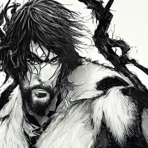 Prompt: a giant of a man was standing in the doorway. his face was almost completely hidden by a long shaggy mane of hair and a wild, tangled beard, but you could make out his eyes, glinting like black beetles under all the hair, in the style of yoji shinkawa