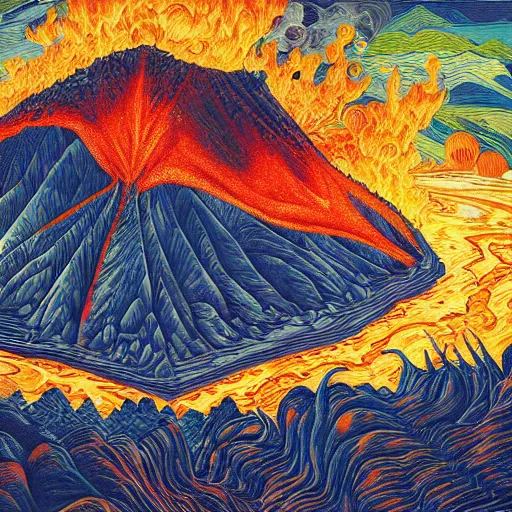 Prompt: vulcano, lava, trees on fire by dan mumford and umberto boccioni, oil on canvas