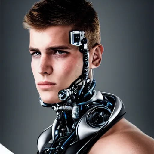 Prompt: a handsome hunky young rebellious man with some subtle cybernetic enhancements