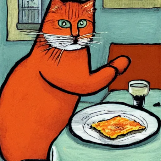 Image similar to fat orange cat on a table with lasagna new yorker cartoon