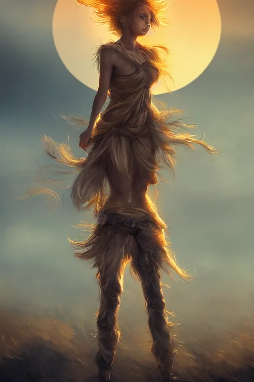 Prompt: beautiful young wind spirit, golden hour, full body, post apocalyptic setting, medium shot, mid-shot, highly detailed, trending on Artstation