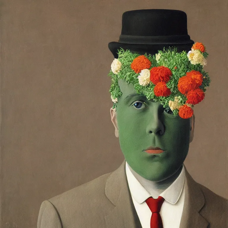 Image similar to portrait of man in a suit, his head is flowers, by rene magritte, detailed painting, hd, hq, high resolution, high detail, 4 k, 8 k