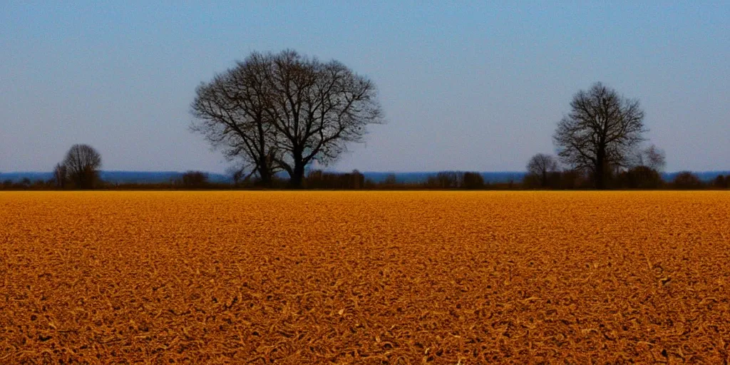 Prompt: ploughed field, lines leading to a single point on the horizon, single beautiful tree on horizon - n 4