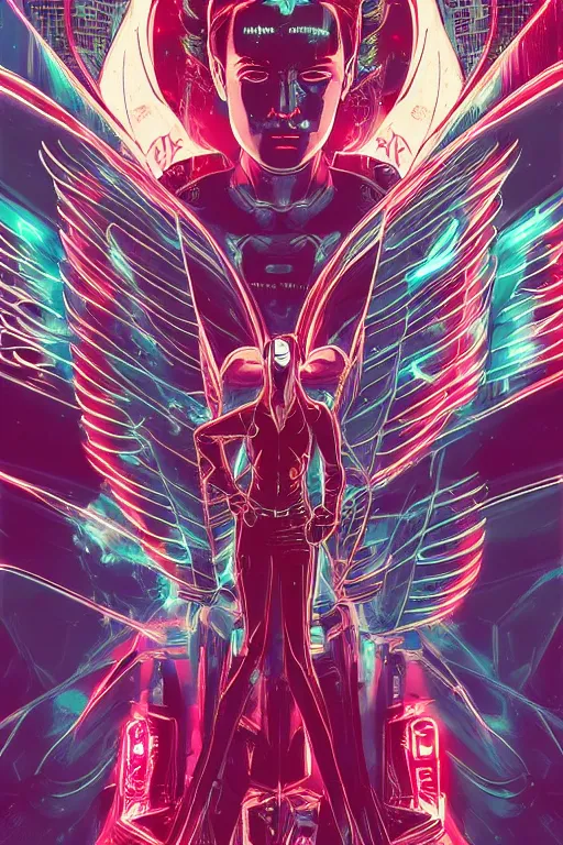 Image similar to white arc-angel with mystic robotic wings, blade runner, akira, ghost in the shell, 2077, style of Laurie Greasley and Satoshi Kon + symmetric lights and smoke, psychedelic effects , glowing particles, neon rain, glowing runes, de-noise, symmetrical composition, high detailed + tarot card, ornate border, 8k