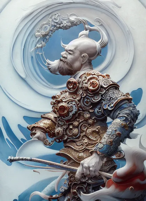 Image similar to subsurface scattering, white, koi, samurai deity with koi armor, art nouveau swirls, octane render, by jesper ejsing, james jean, justin gerard, tomasz alen kopera, cgsociety and fenghua zhong, highly detailed, rim light, cinematic lighting, art, very coherent, cinematic, hyper realism, high detail, 8 k