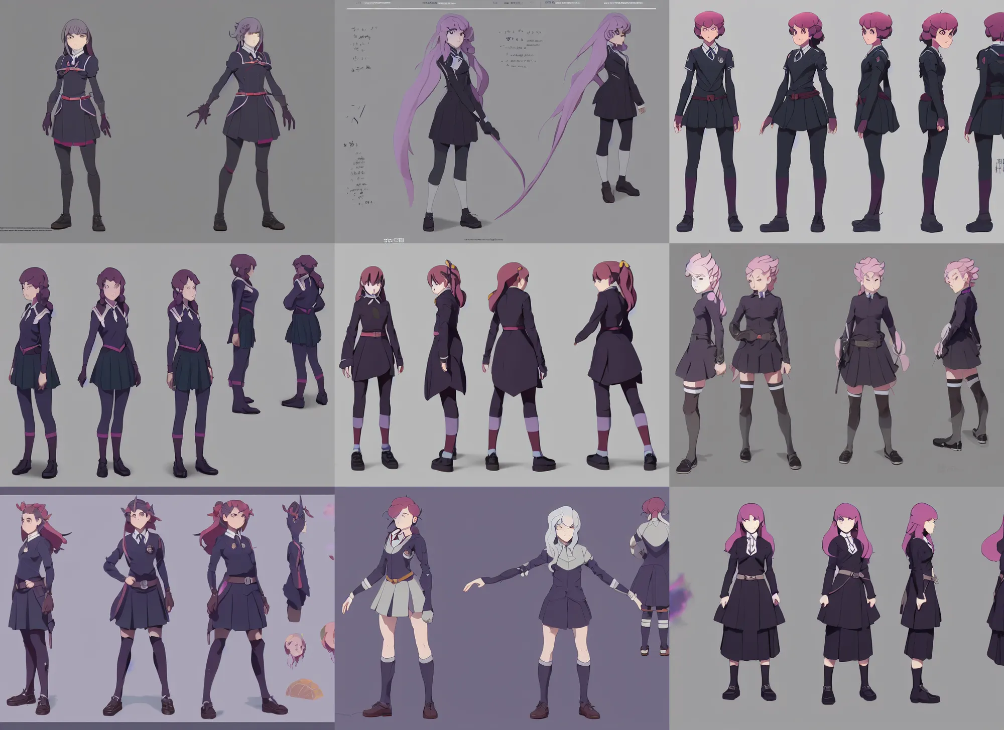 Prompt: character sheet for a female for genshin impact by greg rutkowski, witch academia, magic school uniform, glowing light iridescent hair color, by studio ghibli, digital art, trending on artstation, hd, 8 k, highly detailed, good lighting, beautiful, masterpiece