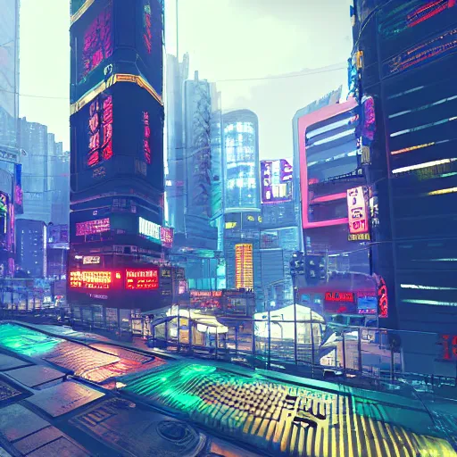 Prompt: cyberpunk city Hong Kong without people, rainy, colorful, beautiful, trending on artstation, HD, 4k, Unreal Engine, Cyberpunk 2077