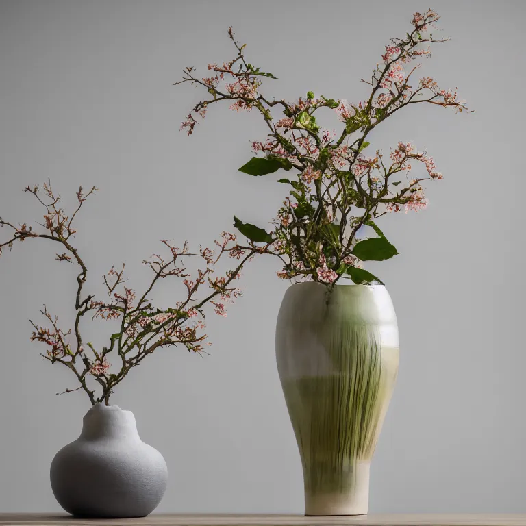 Image similar to a photo of 8k Ikebana in flower vase, ikenobo, ohararyu, sougetsu, wide angle, full body, sony a7r3, ultra detail, photorealistic, in simple background