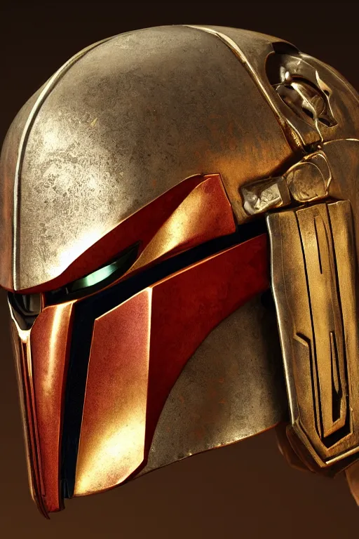 Prompt: an artistic and realistic 8k sculpture of a mandalorian helmet, bright psychedelic color, dramatic lighting, silver gold red details, filigree, intricate details, cinematic, elegant, micro detail, octane render, filmic, interesting camera angle, 8k post-processing, intricate art by John Collier and Krenz Cushart and Alphonse Mucha and Greg Rutkowski