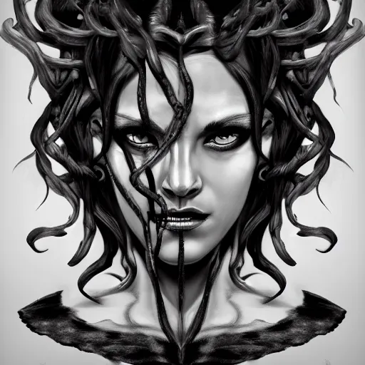 Image similar to medusa portrait painting, black and white, wicked grin, artstation, detailed, blurred background