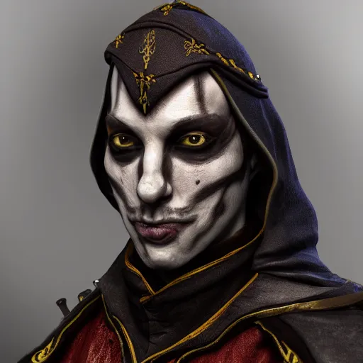 Image similar to a digital art close up portrait of hooded bard in style of d & d character, handsome warlock character sheet, light clown makeup, 4 k, ultra detail, volumetric lighting, unreal engine, octane render, grimdark