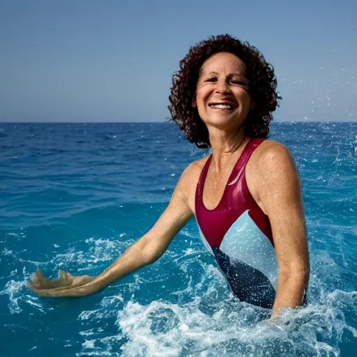 Prompt: an athletic woman in her fifties with curly brown hair, swimming smiling in the middle of a rough sea surrounded by sharks. above her, in the sky, a star.