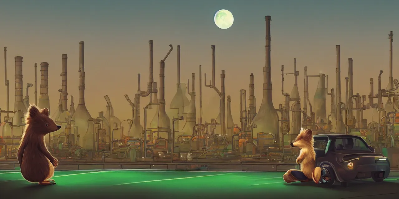 Image similar to a professional portrait, of an anthropomorphic brown hedgehog sitting outside of a cyberpunk academy, factories and power plants in the background, big moon in background, green smoggy sky, cinematic lighting, metal towers and sewers, holograms, artstation, omni magazine,