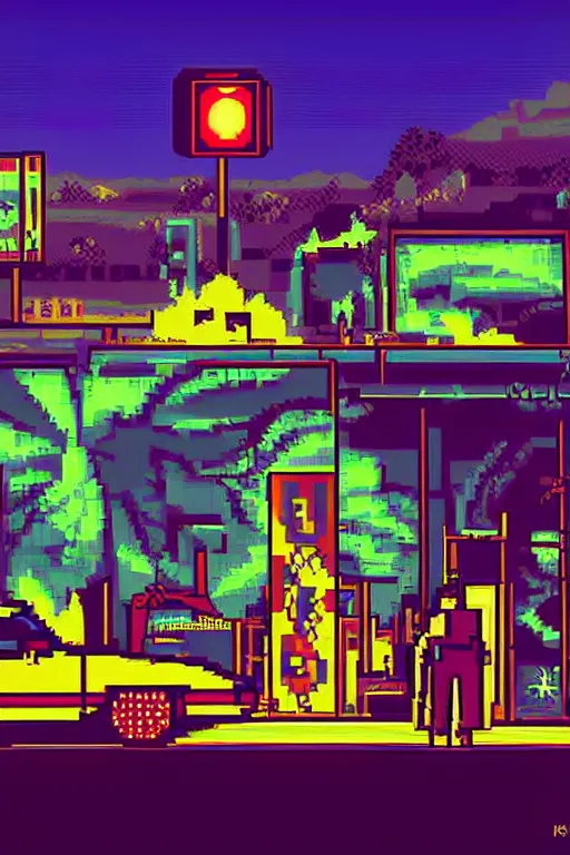 Image similar to life in the caspian hood. pixel art, gta vice city art style. borderland art style. pop art, no duplicate image, glowing lights, ultra details, digital painting, artstation, concept art, smooth, sharp focus, illustration, intecrate details, art by richard hamilton and mimmo rottela, pixels art by kirokaze and paul robertson