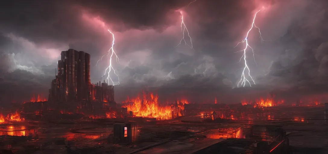 Image similar to dramatic view of empty cyberpunk underground foundry, giant burning fire pillars, chimney stacks spitting out fire and smoke, glowing ominous clouds, lightning, unreal engine, dramatic lighting, detailed, ambient occlusion, global illumination, god rays, 3 d artstation render by greg rutowski and jessica rossier