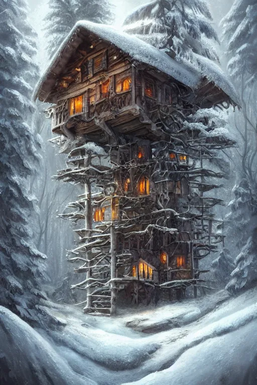 Image similar to a storybook ramshackle multistory tree hut in the snowy woods, elegant, fantasy, highly detailed, digital painting, concept art, sharp focus, illustration, artstation, fairytale style