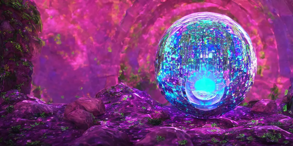 Prompt: jeweled enchanted crystal spherical portal to another realm. unimaginable amazing astonishing astounding unreal and octane and blender and unity render. post - processed color corrected. crisp. focused. sharp. vibrant. epic composition. symmetrical 8 k. uhd.