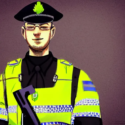 Image similar to A British police officer in London, wearing hivis and and a custodian helmet, anime art style, highly detailed, ambient lighting, trending on art station