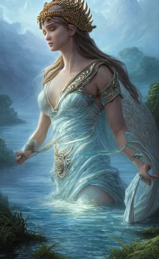 Image similar to the goddess of the lake, highly detailed, d & d, water everwhere fantasy, highly detailed, digital painting, trending on artstation, concept art, sharp focus, global illumination, ray tracing, illustration, art by artgerm and greg rutkowski and fuji choko and viktoria gavrilenko and hoang lap