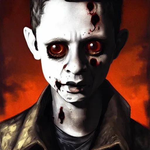 Prompt: young martin from depeche mode as a zombie with light eyes, 7 days to die zombie, gritty background, fine art, award winning, intricate, elegant, sharp focus, cinematic lighting, digital painting, 8 k concept art, art by michael hussar, art by brom, art by guweiz and z. w. gu, 8 k