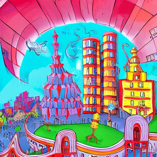 Image similar to fanciful city filled with curvy buildings, by dr seuss, oh the places you'll go, arches, platforms, towers, bridges, stairs, colorful kids book illustration