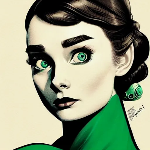 Image similar to in the style of joshua middleton, artgerm, beautiful audrey hepburn, aquapunk, bioshock, full body green dress, elegant pose, spooky, symmetrical face symmetrical eyes, three point lighting, detailed realistic eyes, insanely detailed and intricate elegant, underwater home