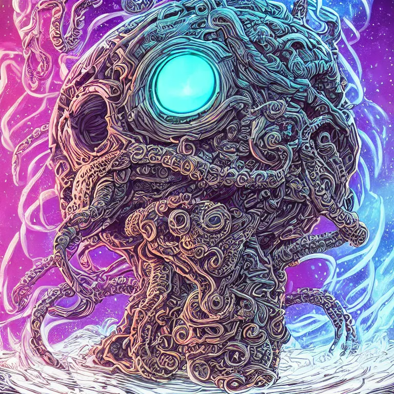 Prompt: a giant skull with intricate rune carvings and glowing eyes with symmetrically braided lovecraftian tentacles gripping planet earth by dan mumford, twirling smoke trail, a twisting vortex of dying galaxies, digital art, vivid colors, highly detailed