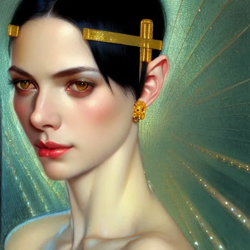 Prompt: Portrait of a beautiful pale skin Eastern European female with short black hair, dark eyes, elegant clothing, photorealistic, highly detailed, artstation, smooth, sharp focus, gold ornaments, neon lighting, sci-fi, art by Klimt, artgerm, Greg Rutkowski and Alphonse Mucha